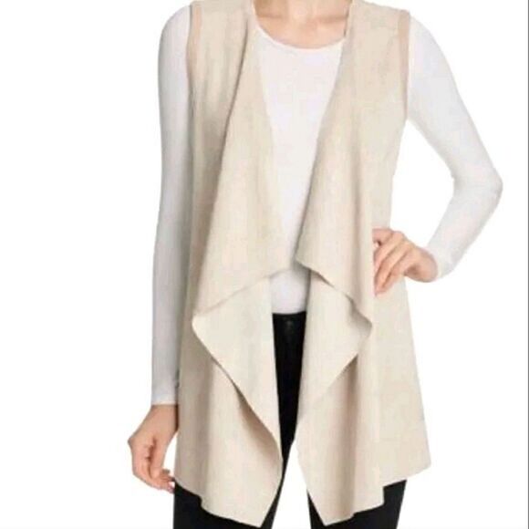Calvin Klein Sweater Beige Vest Sleeveless Drape Open Front Faux Suede - Picture 2 of 10